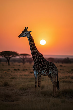 Giraffe at sunset in Serengeti National Park, Tanzaniaの素材