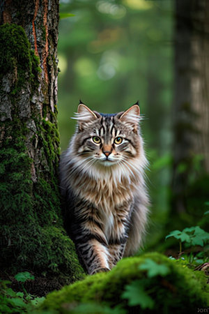 Siberian cat in the forest. Nature scene with cat.の素材