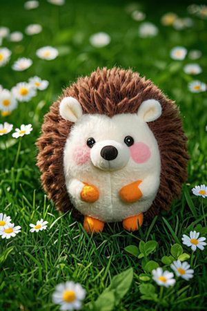 Hedgehog sitting on the grass with daisies.の素材