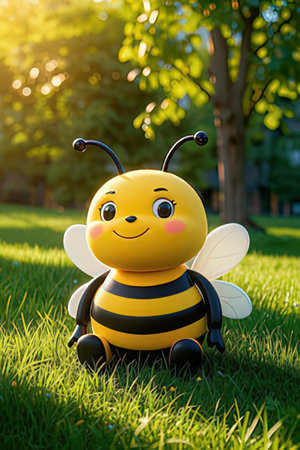 Cute little bee sitting on the grass in the park and smilingの素材