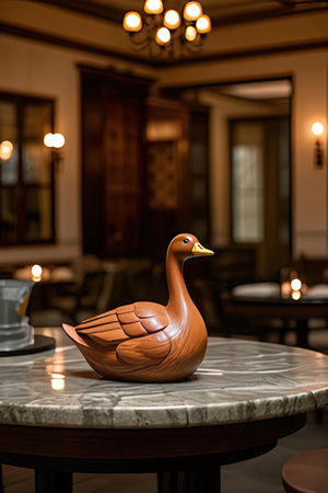 Wooden duck figurine on a table in a restaurant, stock photoの素材