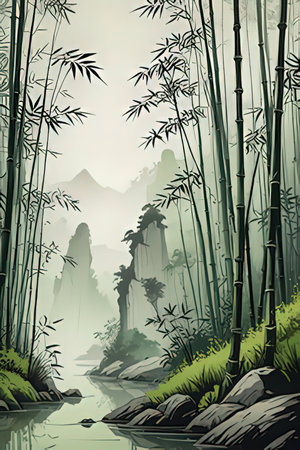 Landscape of bamboo grove in misty morning. Vector illustration.の素材