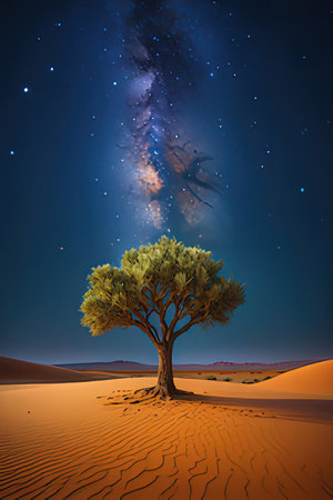 Desert landscape with lonely tree and milky way in the skyの素材