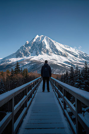 Man standing on a wooden bridge and looking at a snowy mountainの素材