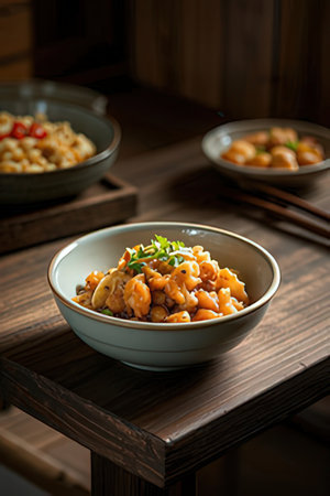 Bowls with tasty food on wooden table, closeupの素材