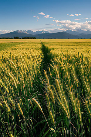 Beautiful summer landscape with wheat field and mountains in the background.の素材