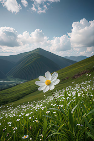 White daisy flower on the background of mountains and blue sky.の素材
