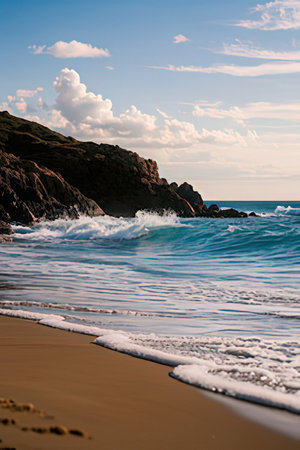 Waves on the beach at sunset in Cornwall, England, UKの素材