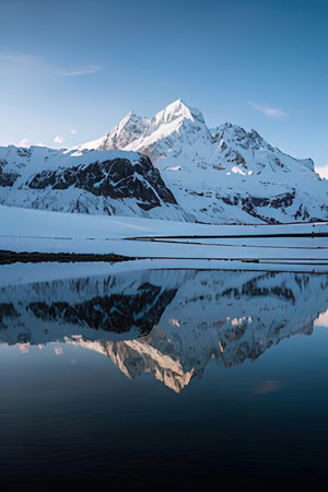 Mountains reflected in the water of a lake, Zermatt, Switzerlandの素材