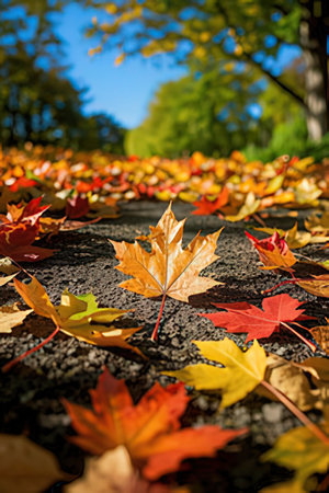 Autumn maple leaves on the ground in the park. Autumn backgroundの素材