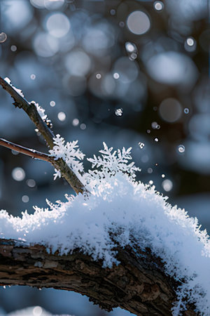 snowflakes on a tree branch in the forest in winterの素材