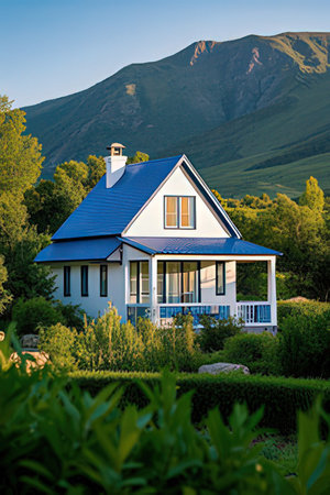 Luxury house on the background of mountains and blue sky.の素材