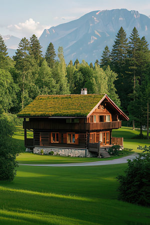 Beautiful mountain landscape. Wooden house on a green meadow.の素材