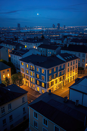 Aerial view of Frankfurt am Main at night, Germany, Europeの素材