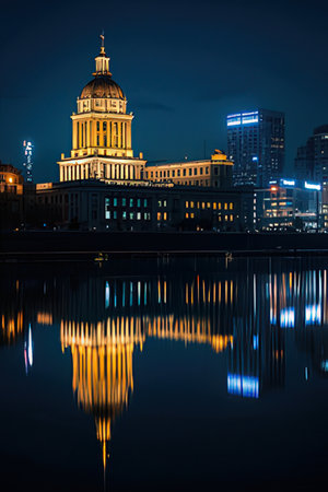 State Capitol building in Washington DC reflected in the water at night.のeditorial素材