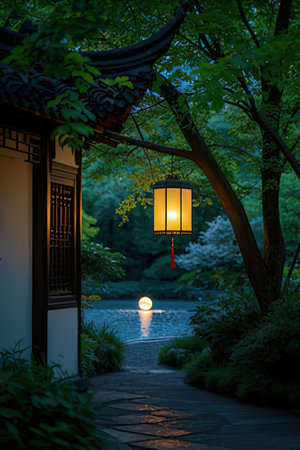 Night view of a Japanese garden with a lantern in the foreground.の素材