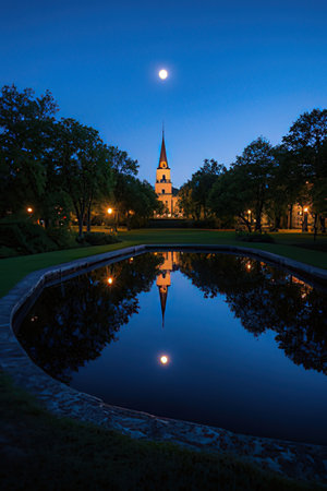 Church in the park at night with reflection in the water. Long exposure.の素材