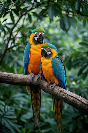 Two beautiful macaws sitting on a branch in the rainforest.の素材