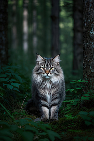 Portrait of a cat in the forest at nightの素材