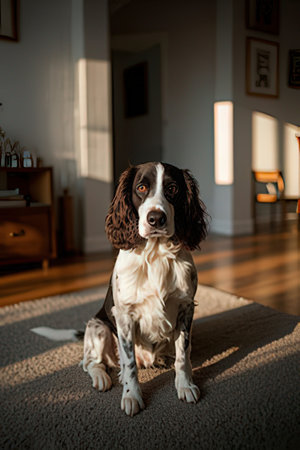 Cute English Springer Spaniel dog sitting on the floor at homeの素材