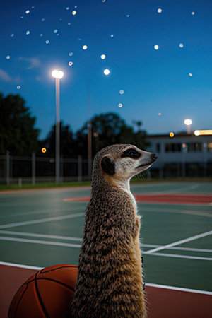 The meerkat sits on a basketball court and looks at the cameraの素材