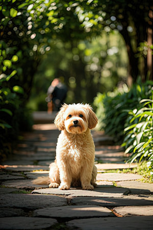 Cute dog sitting on the path in the park. Dog looking at camera.の素材