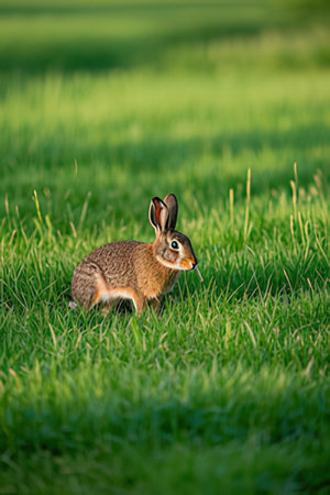 Little brown hare on the green grass in the meadow.の素材