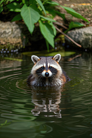 Raccoon swimming in the water. Raccoon swimming in the water.の素材