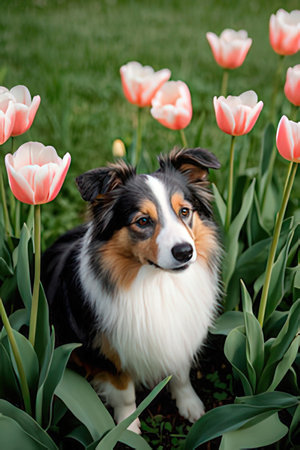 Australian shepherd sitting in the garden with pink tulips on the backgroundの素材