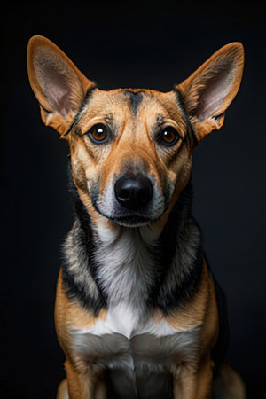 Portrait of a mixed breed dog on a black background. Studio shot.の素材