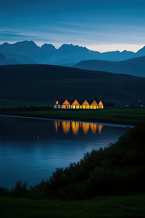 Reflection of mountains in the lake at nightの素材