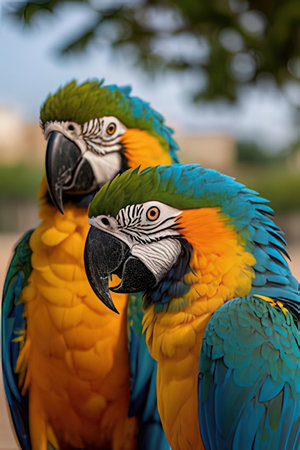 Beautiful macaw parrots in the park, close-upの素材