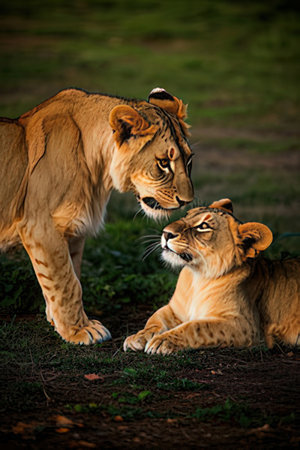 Lioness and lion cub in the Okavango Delta, Botswana.の素材