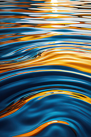 abstract background of rippled water surface with orange and yellow reflectionsの素材