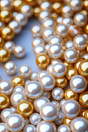 Background of gold and white pearls. Shallow depth of field.の素材