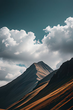 Mountain landscape with blue sky and white clouds. Toned.の素材