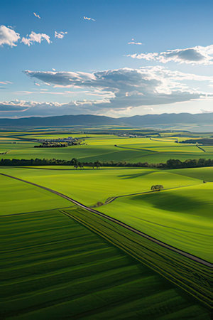 Aerial view of green fields and blue sky with clouds at sunset.の素材