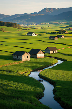 Rural landscape with a small river in the middle of the fieldの素材