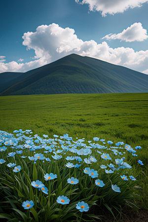 Beautiful spring landscape in the mountains. Blue flowers on the meadow.の素材