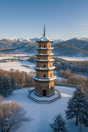 The pagoda on the top of the mountain in the winter.の素材