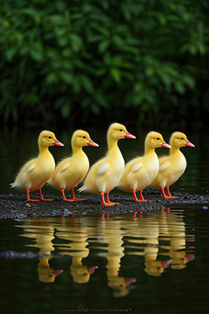 Group of yellow duckling standing on a rock with reflection in waterの素材