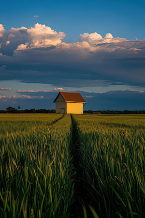 Sunset over a wheat field with a small barn in the foregroundの素材