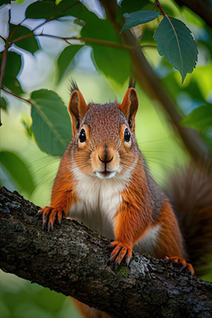 Eurasian red squirrel on a tree branchの素材
