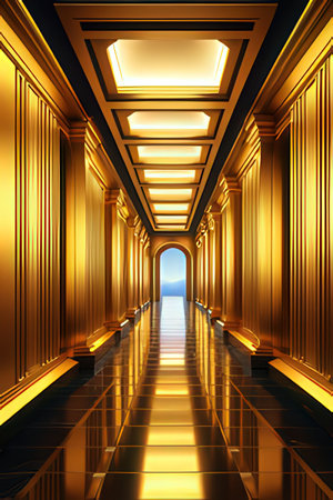 Futuristic corridor with golden lights. 3d render illustration.の素材