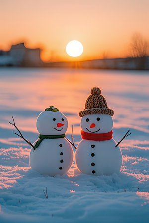 Two snowmen in the snow at sunset. Christmas and New Year concept.の素材