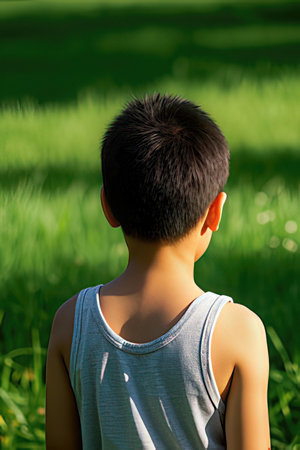 Back view of a boy standing in the meadow with green grassの素材