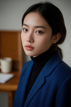 Portrait of a beautiful asian woman in blue coat and black turtleneckのeditorial素材