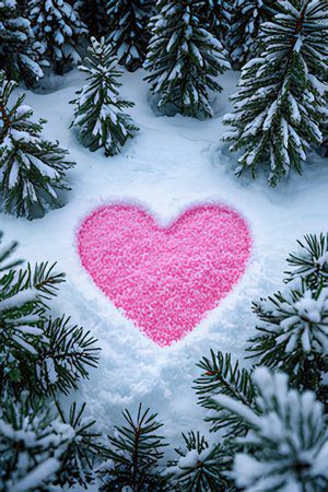 Pink heart in the snow in the winter forest.の素材