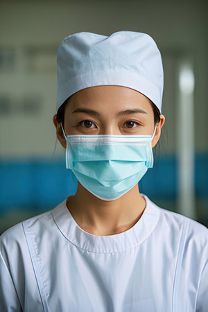Portrait of young Asian female surgeon wearing face mask and looking at cameraの素材