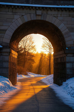 Sunset through the arch of the bridge in the city park.の素材